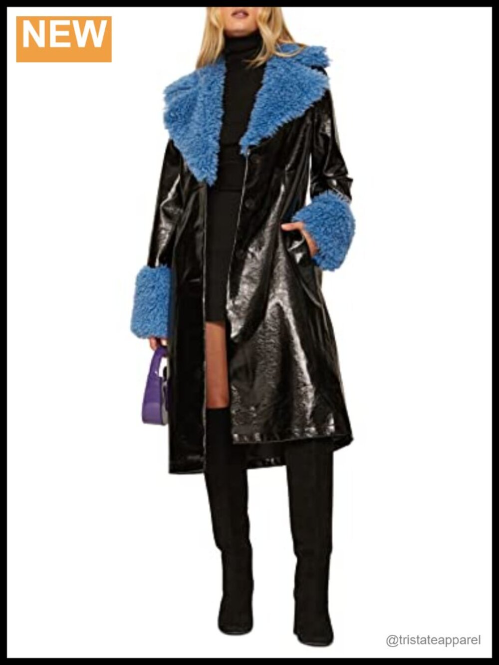 Faux Leather Faux Sherpa Collar Coat Long Trench